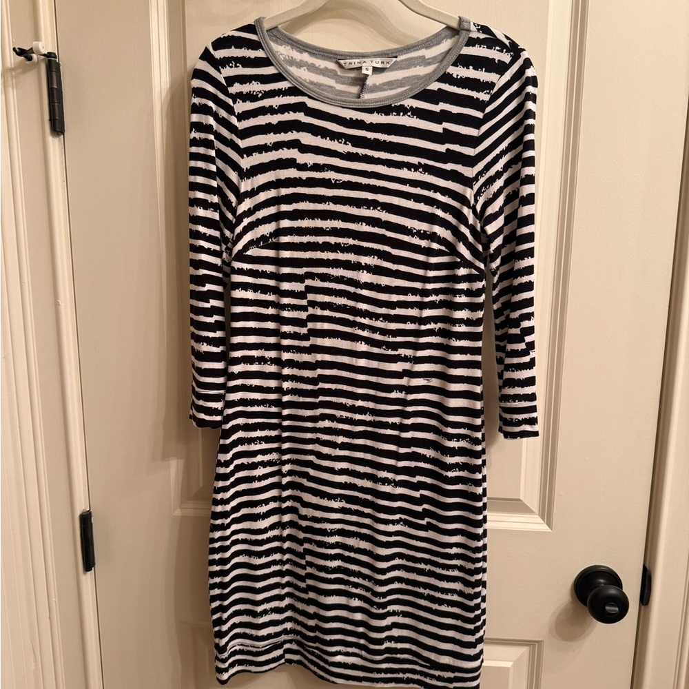 Striped Black & White Midi Dress - 3/4 Sleeve